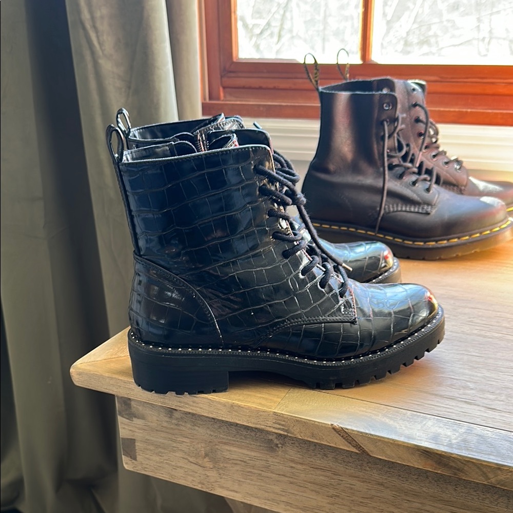 a new day Black Combat Moto Boots Rugged Lace-Up